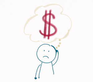 We see a discouraged person, one arm hanging listlessly and the other holding their head. They are overwhelmed by unhelpful thoughts which are just one big red dollar sign