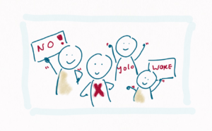 We see four people, representing four generations: a baby boomer protesting something. A person with a big X across their body representing Gen X. A millennial with YOLO as a motto and a Gen Z holding a placard with the word woke on it. Employees' views on good employership vary by generation