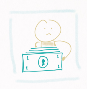 We see a person looking very unhappy and almost invisible behind a pile of paper money