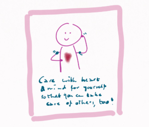 We see a person flexing their biceps, with one hand holding their heart and with the other, holding their head. The caption reads: Care with heart & mind for yourself so that you can take care of others, too. Because self-care in your nonprofit is important.