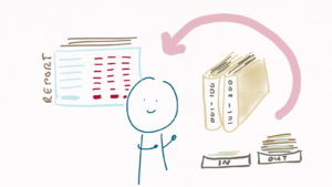 We see a happy person pointing at in- and out trays, with the out tray being fuller. There are also folders with documents, well organised. An arrow points from there to a financial report. Probably this is a bookkeeper looking at the impact of their work in their nonprofit.