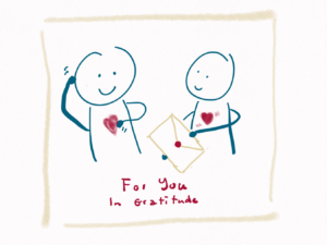 We see a person grabbing their head and nodding in delighted surprise, holding their heart with their other hand, while another person is offering them a sealed envelope. The caption reads: For you - in gratitude.
