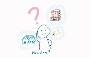 We see a person thinking about different housing: a country house, a tent and an apartment building. With a big question mark. The caption reads: Housing?