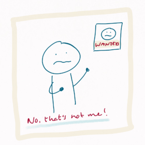 We see a distressed person pointing at a wanted poster that shows someone looking very much like them, saying" No, that's not me!