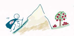 We see a person with a cape with a red S on it at the bottom of a mountain. They are carrying a stick to help them walk. On the other side of the mountain we see an apple tree laden with red apples. Some are already harvested, laying in heaps on the ground.