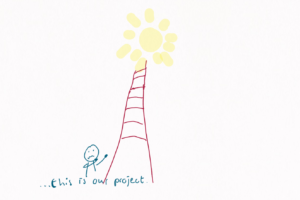 We see a ladder, with uneven steps, spaced out widely and reaching very high to where a sun is shining happily. At the bottom, someone is sitting (or standing, we cannot see), looking very panicky, saying: this is our project