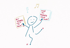 We see a person doing a happy dance, holding a bunch of papers in their right hand saying Our happy news is here! And a bunch of papers in their left hand, saying Read our happy news here!